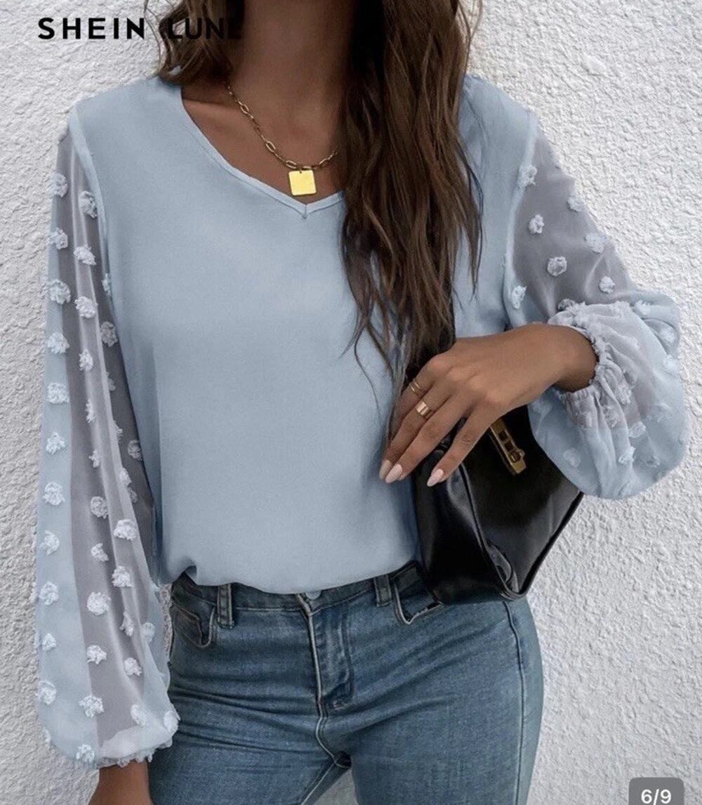 SHEIN XL 12 Blouse Silky Pastel Blue Sheer Long Bishop Sleeves Swiss Dot V Neck